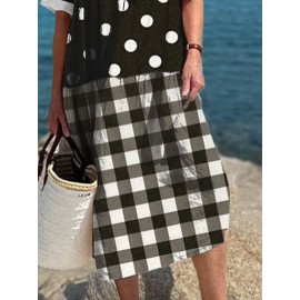 Women Striped Polkadot Plaid Patchwork V-Neck Short Sleeve Dress
