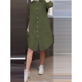 Women Solid Stand Collar Shirt Dress With Sleeve Tabs