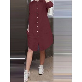 Women Solid Stand Collar Shirt Dress With Sleeve Tabs