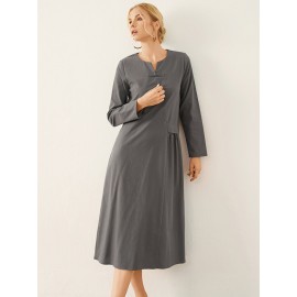 Solid Frog Button Notch Neck Long Sleeve Casual Dress