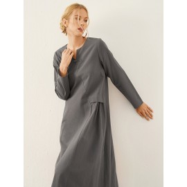 Solid Frog Button Notch Neck Long Sleeve Casual Dress