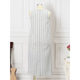 Women Striped Crew Neck High-LowÂ Hem Sleeveless Dress