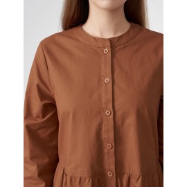 Solid Button Half Placket Long Sleeve Stand Collar Dress