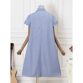Women Gingham Plaid Lapel Half Button Short Sleeve Shirt Dress