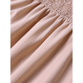 Solid Shirred Tie Front Long Sleeve Square Collar Dress