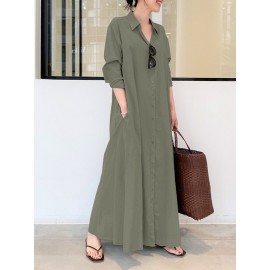 Solid Color Pocket Button Long SLeeve Casual Dress for Women