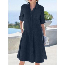 Women Solid Lapel Button Up Shirt Dress With Sleeve Tabs