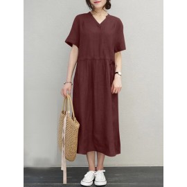 Women Solid Notched Neck Drawstring Waist Short Sleeve Dress