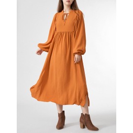 Solid Slit Tie Front Long Sleeve V-neck Casual Dress