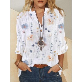 Floral Plant Print Half Button Texture Roll Up Sleeve Shirt