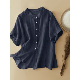 Women Solid Stand Collar Button Up Cotton Short Sleeve Shirt