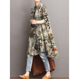 Casual Floral Print Stand Collar Long Sleeve Cotton Blouse