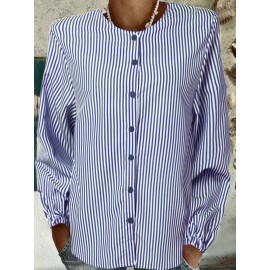 Women Pinstripe Crew Neck Casual 3/4 Sleeve Shirt