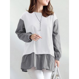 Women Stripe Patchwork Crew Neck Casual Long Sleeve Blouse