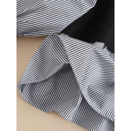 Women Stripe Patchwork Crew Neck Casual Long Sleeve Blouse