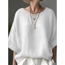 Women Solid Crew Neck Cotton Drop Shoulder Loose Blouse