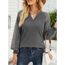 Women Lace Patchwork Knit Notched Neck Long Sleeve Blouse