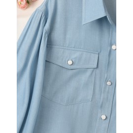 Women Solid Lapel Flap Pocket Long Sleeve Denim Shirt