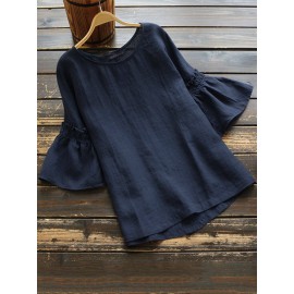 Vintage Frill Short Sleeve Solid Color Blouse