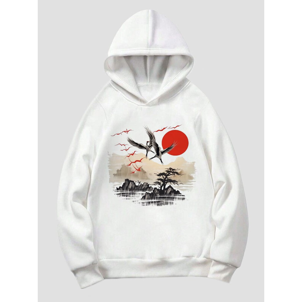 Mens Chinese Style Crane Landscape Print Long Sleeve Hoodies Winter