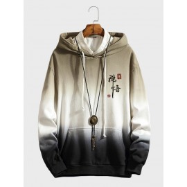 Mens Chinese Character Ombre Print Loose Drawstring Hoodies Winter