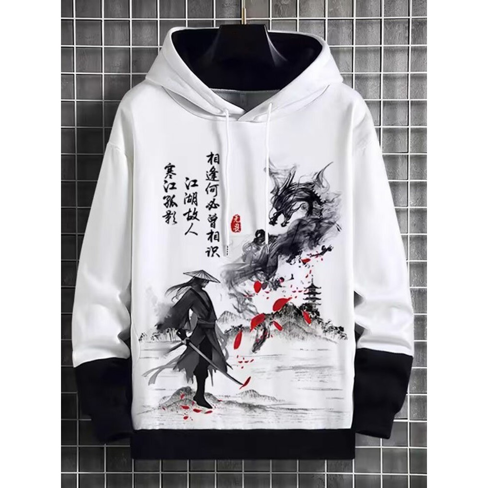 Mens Chinese Figure Landscape Print Patchwork Drawstring Hoodies Winter